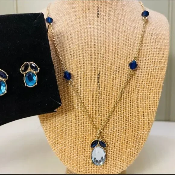 AVON MIDNIGHT INK PENDANT NECKLACE AND EARRING SET BLUE GOLDTONE NWT - Picture 4 of 9